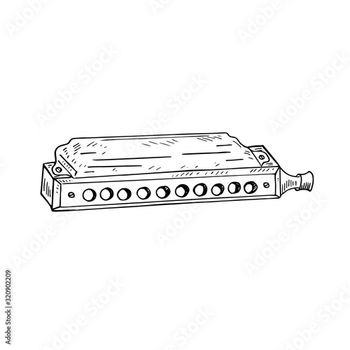 Chromatic harmonica, hand drawn doodle gravure vintage style, sketch, outline vector illustrationChromatic harmonica