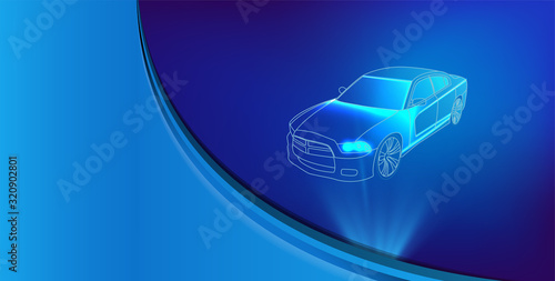 Futuristic car service, scanning and auto data analysis. Intelligent car banner. Futuristic isometric smart car and icons with machine benefits. Vector illustration