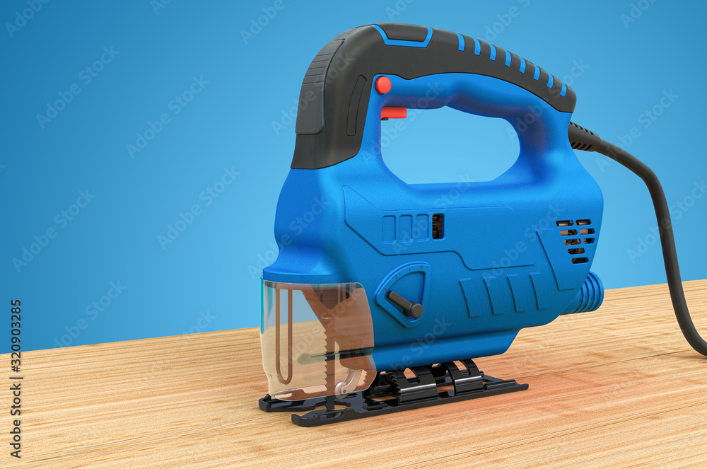 Power jigsaw sawing a wood board, 3D rendering Power jigsaw sawing a wood board, 3D rendering