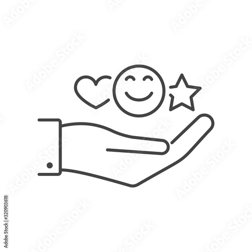 Customer review line icon. Star, heart and positive emotions smile signs. Feedback concept symbols. Evaluation of service, sticker for chat, messenger. Labels of expressions of approval. Vector