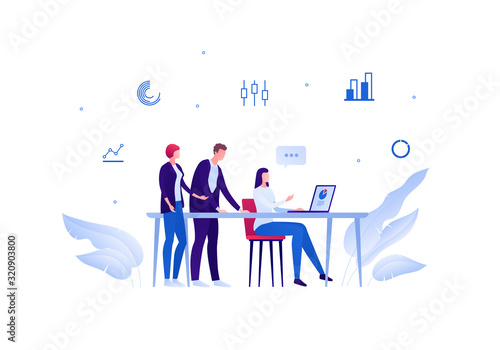 Business teamwork finance success concept. Vector flat person illustration. Group of working people with laptop and chart icon sign. Design element for banner poster, background.