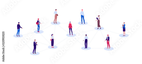 Business global network and social media concept. Vector flat person illustration. People of different ethnics connected by chain. Design element for banner, poster, background.