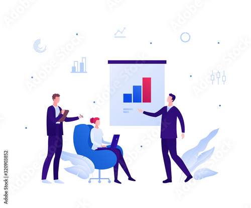 Business teamwork and coworking office concept. Vector flat person illustration. Man in suit make presentation with column on flipchart to employee group. Design element for banner, poster, background