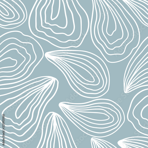 Minimalistic seamless pattern of oysters. Vector hand drawn illustration of a mollusk in pastel colors. A simple background is ideal for printing, textiles, fabric, wallpaper, wrapping paper