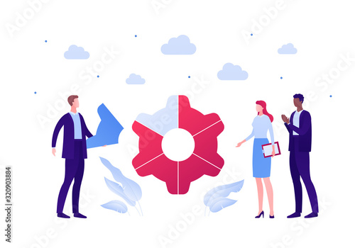 Business teamwork success concept. Vector flat person illustration. Group of male and female employee in suit around gear wheel sign. Design element for banner poster, background.