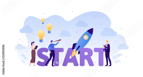 Business startup concept. Vector flat person illustration. Group of male and female employee holding spyglass and tablet. Idea sign, rocket and start text. Design element for banner, background