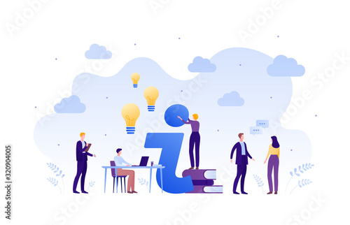 Business faq and education concept. Vector flat person illustration. Group of male and female people with idea light bubble sign, book, table and laptop. Design element for banner, poster, background.