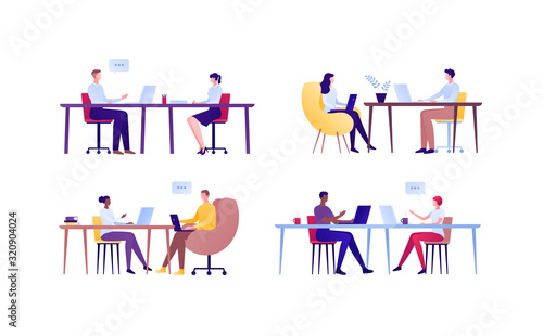 Business teamwork and coworking office concept. Vector flat person illustration. Set of different ethnic employee couple sitting and talking with laptops. Design element for banner, poster, background