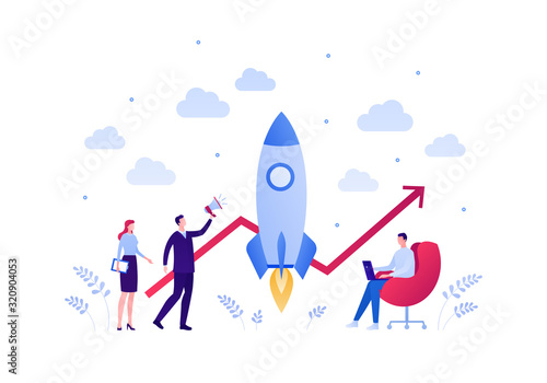 Business startup concept. Vector flat person illustration. Group of male and female businessman holding loudspeaker, laptop, tablet. Rocket and line chart. Design element for banner, background