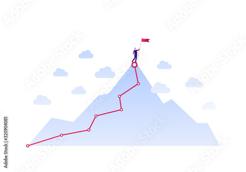 Business success and development concept. Vector flat person illustration. Businessman in suit holding red flag on mountain peak with line chart sign. Design element for banner, poster, background.