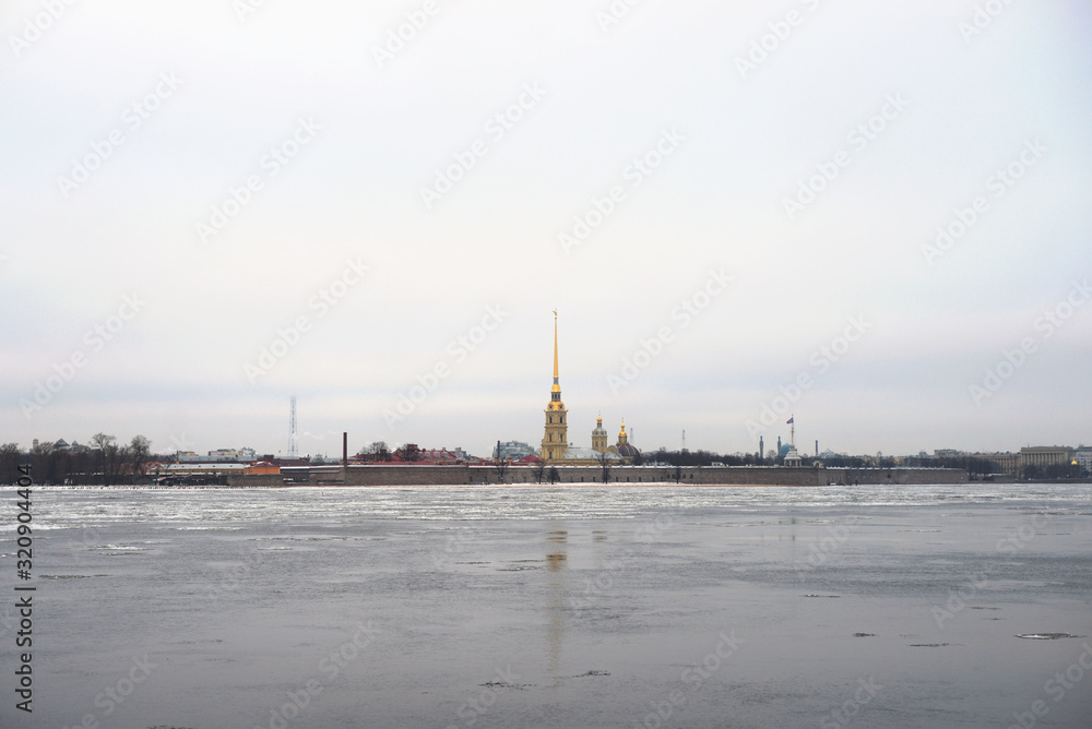 Frozen River Neva and bastion of Peter Paul Fortress.