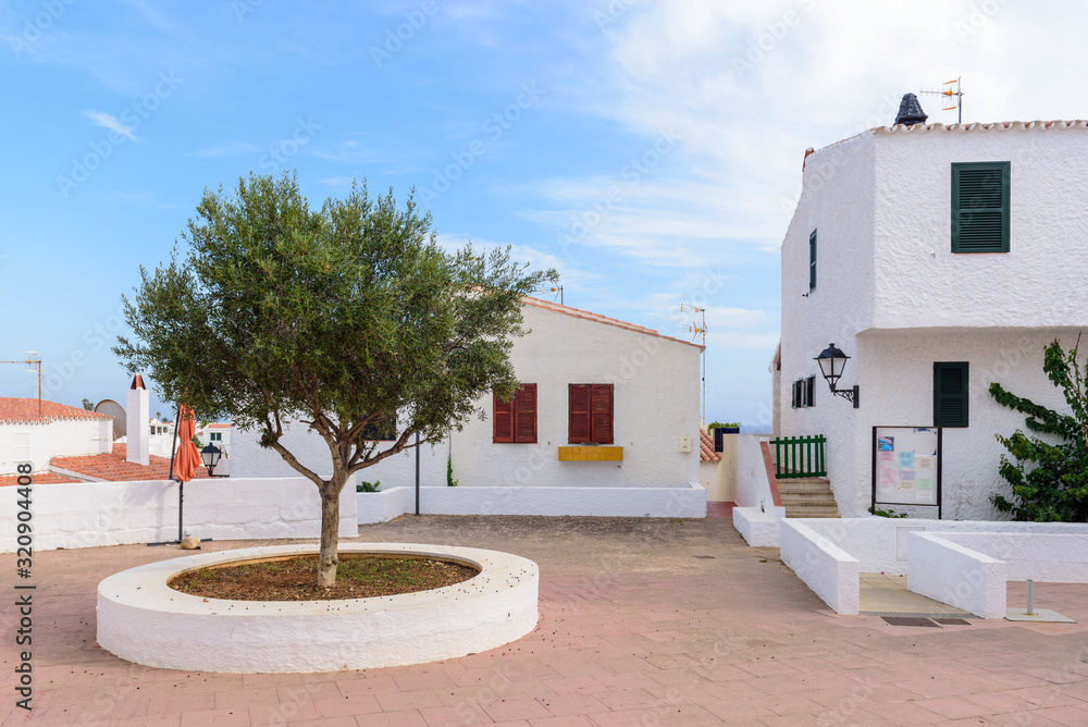 Architecture of Binibeca Nou, a traditional Spanish fishing village on the coast of Menorca. Spain