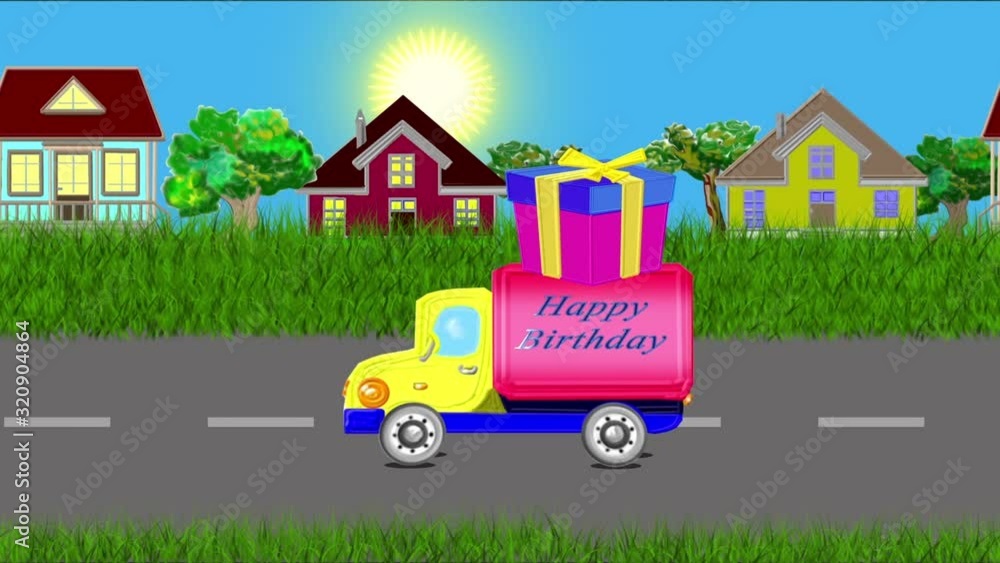 Cartoon background. Car with the gift infinite, loop Cartoon background. Car with the gift infinite, loop
