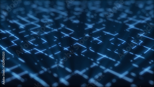 Technology background. Motion digital. Neon light. Futuristic kaleidoscope wallpaper. Lines grid. Blue color.