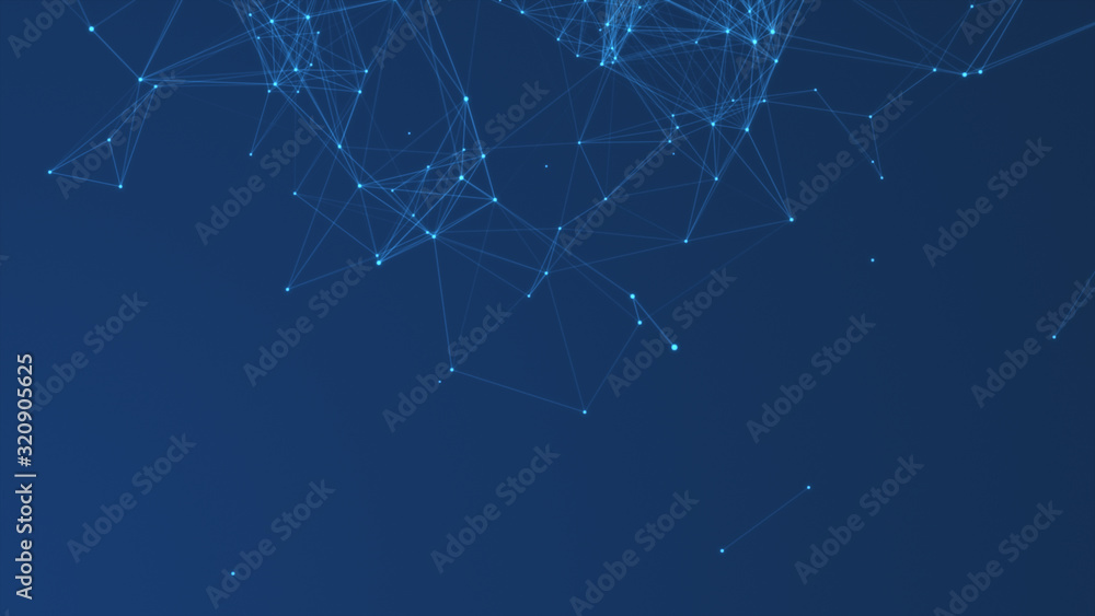 Abstract cg polygonal neon blue surface. Geometric poly light triangles background. Chain lines