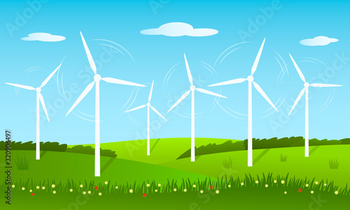Summer rural landscape with green grass lawns and alternative energy sources with the rotation of windmills.