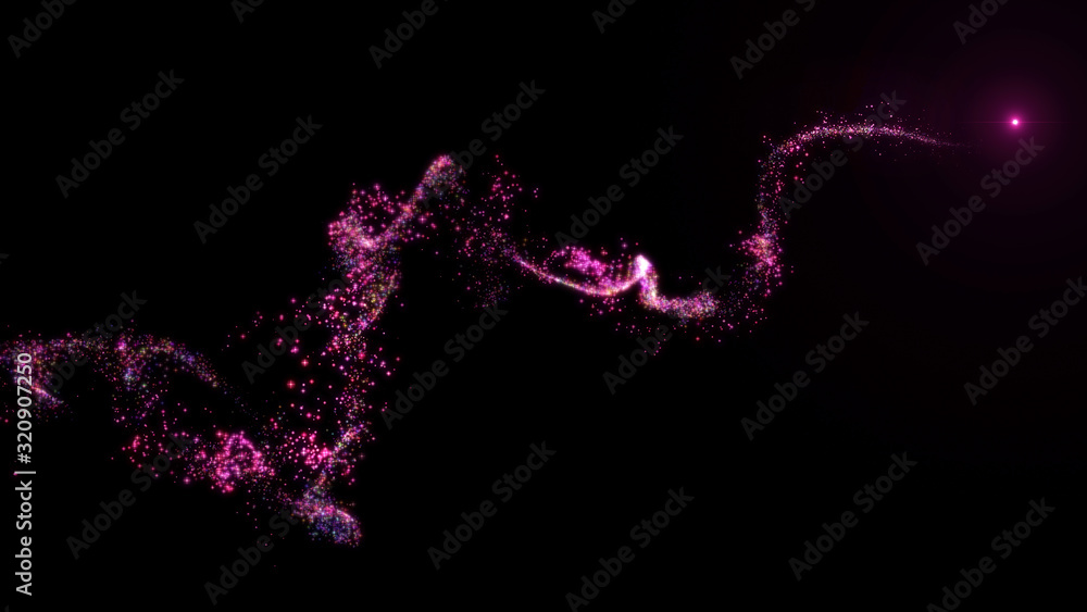 Flight of pink bokeh particles. Magical shimmering light. Isolated on black background.