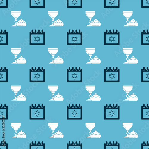 Set Jewish calendar with star of david and Jewish goblet and hanukkah sufganiyot on seamless pattern. Vector