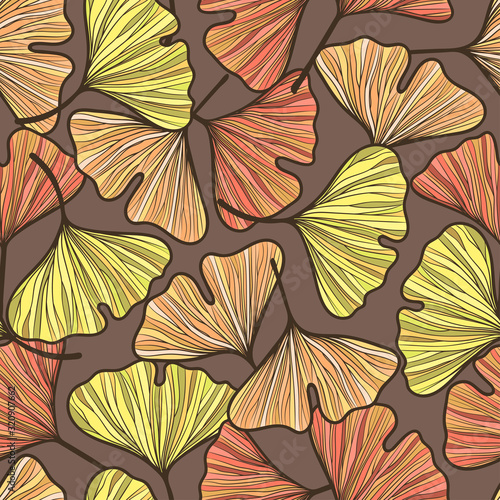 Seamless ginkgo biloba autumn leaf pattern. Hand drawn vector illustration 