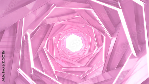 Geometric abstract background. Modern wallpaper. Pink tunnel with white spotlight.