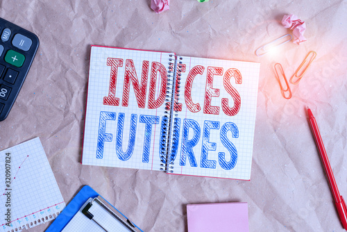 Handwriting text Indices Futures. Conceptual photo cashsettled futures contract on the value of a stock Papercraft craft paper desk square spiral notebook office study supplies photo