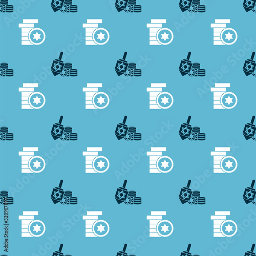Set Hanukkah dreidel and coin and Jewish coin on seamless pattern. Vector