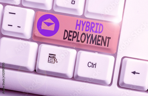 Writing note showing Hybrid Deployment. Business concept for a combination of onpremises applications or data photo