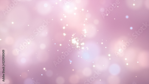 Bright pink bokeh lights abstract background. Flying particles or dust. Vivid lightning. Valentines day design. Blurred light dots.