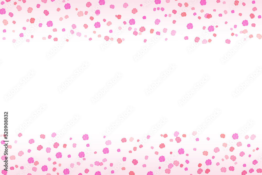 Abstract background with pink roses on white for valentines day. Romantic pattern for Valentine's day with copy space. Confetti in the shape of roses.
