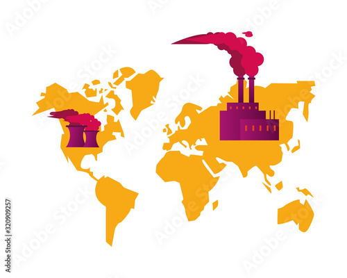 earth maps with factory and polluting chimneys scene