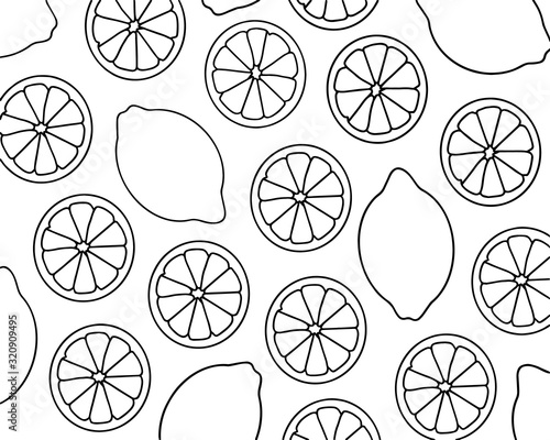 Lemons.Set of citrus.Contour drawing of fruits,coloring page.Black and white.