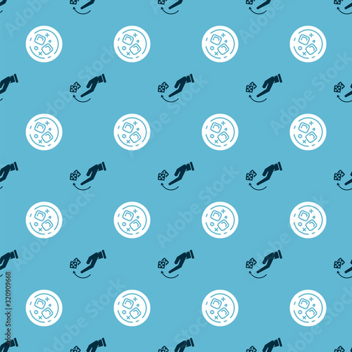 Set Human hand throwing game dice and Glass of whiskey and ice cubes on seamless pattern. Vector