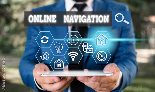 Text sign showing Online Navigation. Business photo text navigating a network of information resources in the web photo