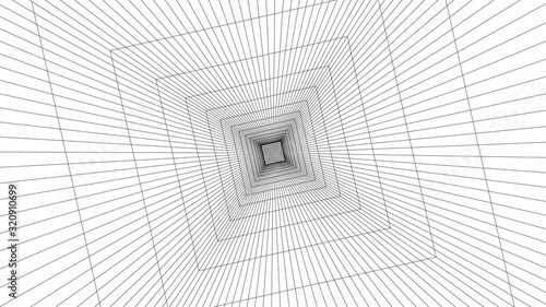 Wireframe abstract tunnel. 3D vector wormhole with a mesh structure. Vortex. Vector perspective grid.