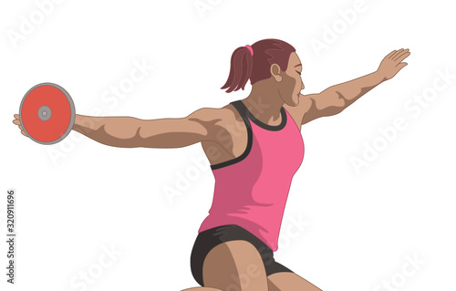 discus throw, female athlete ready to throw disc isolated on a white background