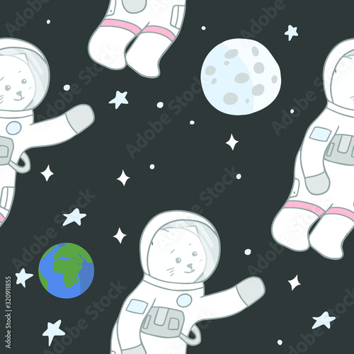 Cute seamless pattern with cat astronaut, Earth and the Moon illustration. Vector illustration for fabric, textile, nursery wallpaper, print. © Viktoria Stetskevych