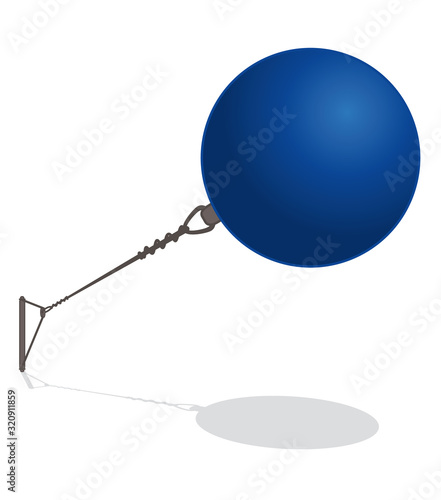 blue hammer throw ball in perspective with wire and grip isolated on a white background