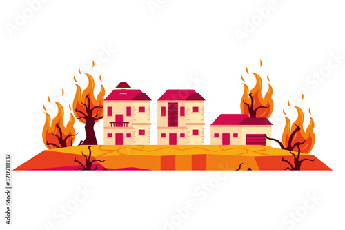 houses in fire forest dry global warming scene