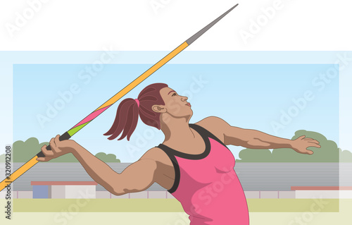 javelin female athlete throwing a spear with track and stadium in the background