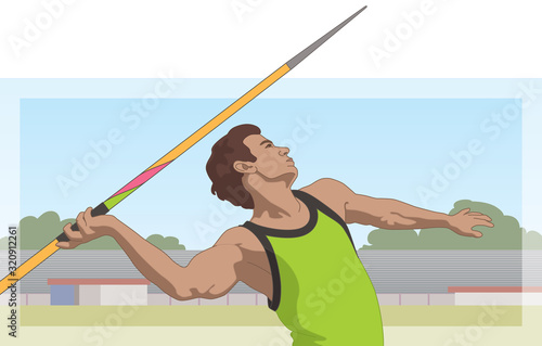 javelin male athlete throwing a spear with track and stadium in the background