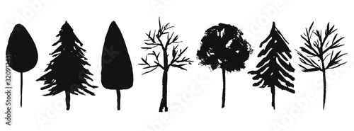 Collection of vector black hand drawn ink trees silhouettes. Forest birch, oak, fir, spruce tree symbols for nature design, stickers, textile pattern decor