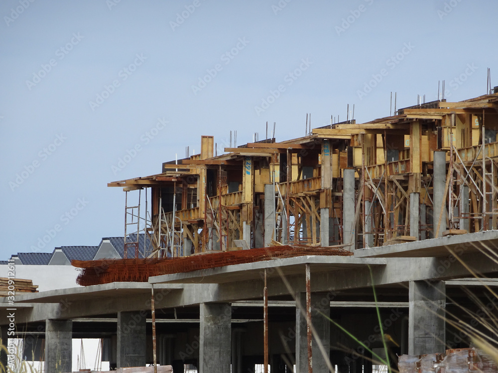 SEREMBAN, MALAYSIA -JUNE 18, 2019: New double story luxury terrace house under construction in Malaysia.  Designed by an architect with a modern and contemporary style. 