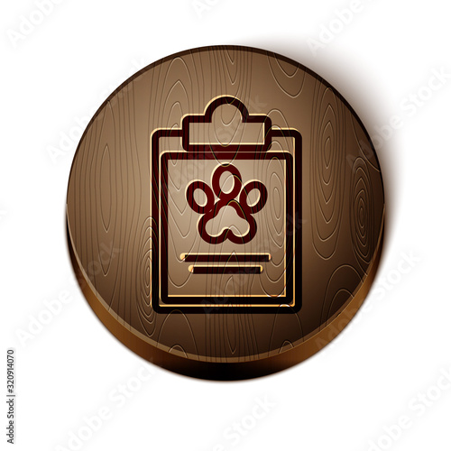 Brown line Clipboard with medical clinical record pet icon isolated on white background. Health insurance form. Medical check marks report. Wooden circle button. Vector Illustration