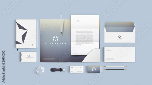 Grey titanium star corporate design. Pentagram logo in silver color. Premium branding identity set for business strong company. Folder with letterhead and business card on light background.