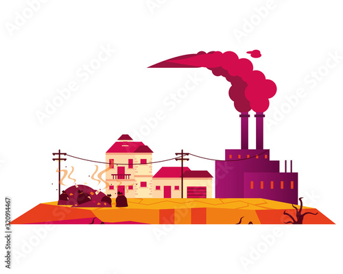 factory with polluting chimneys and houses