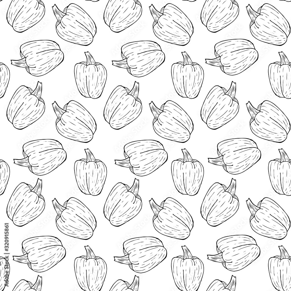 Bell pepper black outline pattern isolated on white background, vector Bell pepper black outline pattern isolated on white background, vector