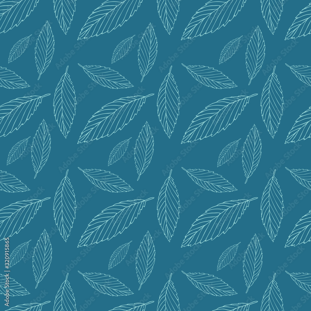 Vector pattern with white leaves on a blue background.
