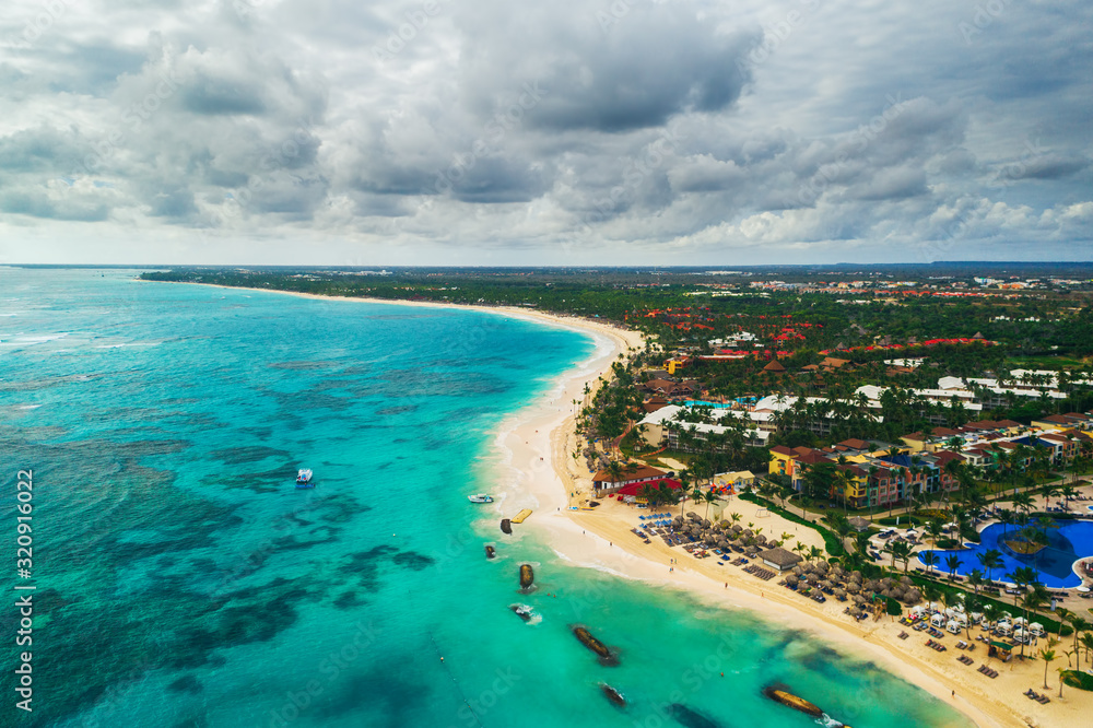 Fototapeta premium Aerial view of Punta Cana beach resort, Dominican Republic. Exotic island in Caribbean sea.