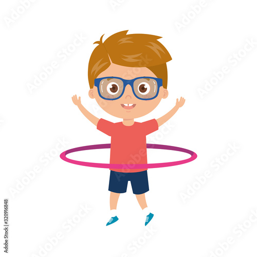 cute little boy playing hula hula isolated icon vector illustration design