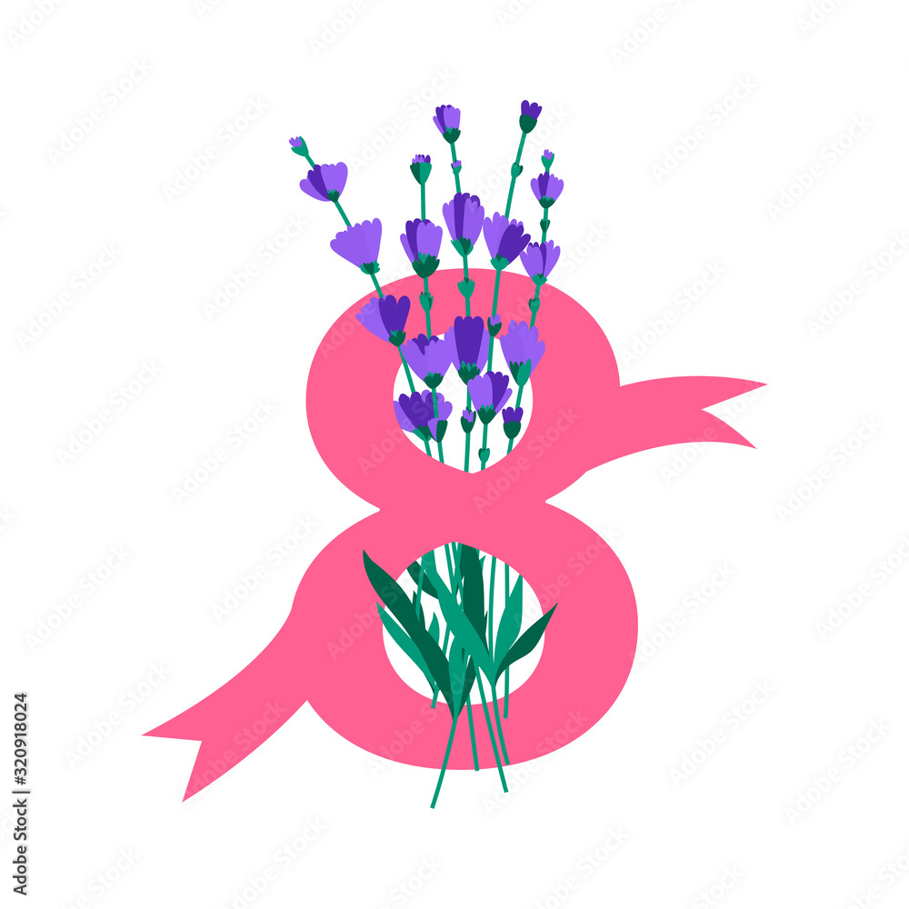 Women's Day celebration greeting card design in a shape of 8 with a bouquet of lavender. Design for International Women's Day celebration. Women's Day celebration greeting card design in a shape of 8 with a bouquet of lavender. Design for International Women's Day celebration.